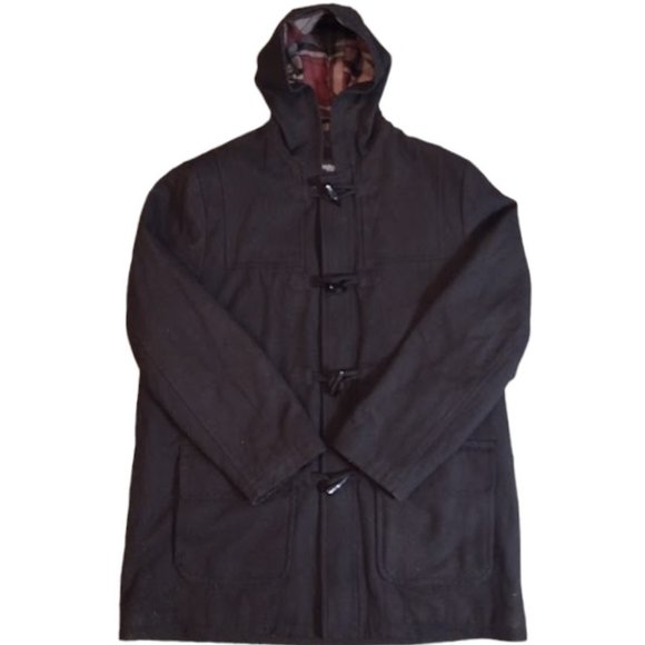 St. John's Bay Wool Coat Men's Plaid Hooded Black Full Zip Overcoat Size XL